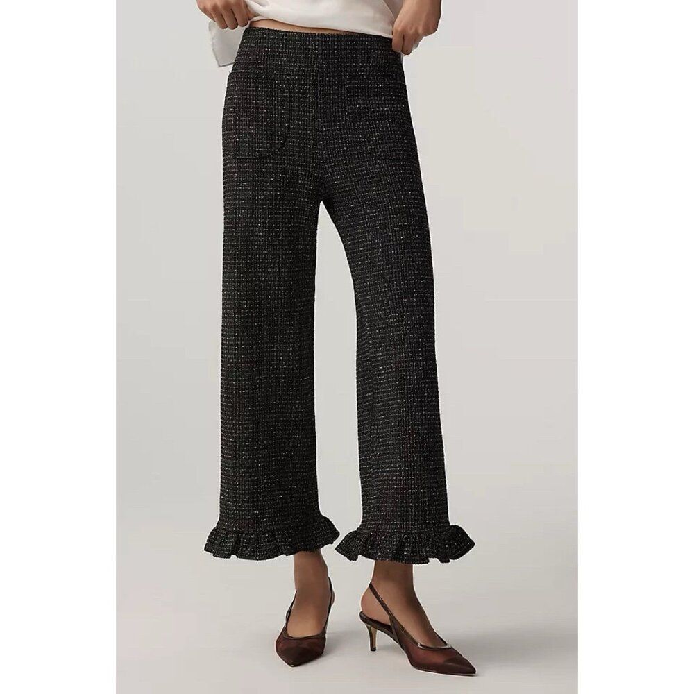 Anthropologie Colette Tweed Ruffle-Hem Crop Wide-Leg Pants Maeve Black Womens 28